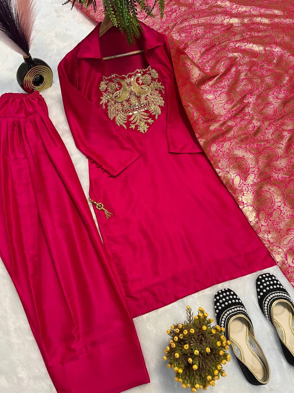 Designer Party Wear Top with Farshi Salwar - Malay Satin Silk - FFmc 2019