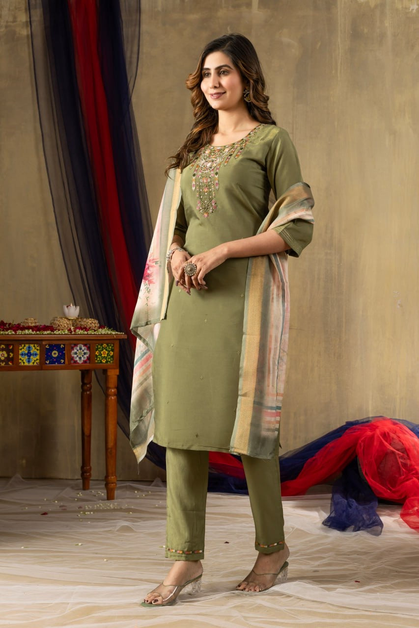 Elegant Shimmer Gold Silk Straight Kurti Pant Set with Multi Embroidery - FFdiva 109
