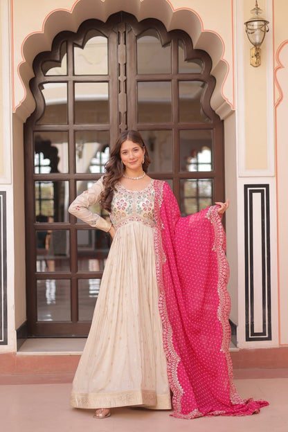 Trending Cosmos Jacquard Gown with Bandhani Printed Embroidered Cut Work Dupatta