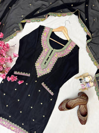 Black & White Kurti Palazzo Set in premium chinon silk fabric with multy color thread Embroidery work