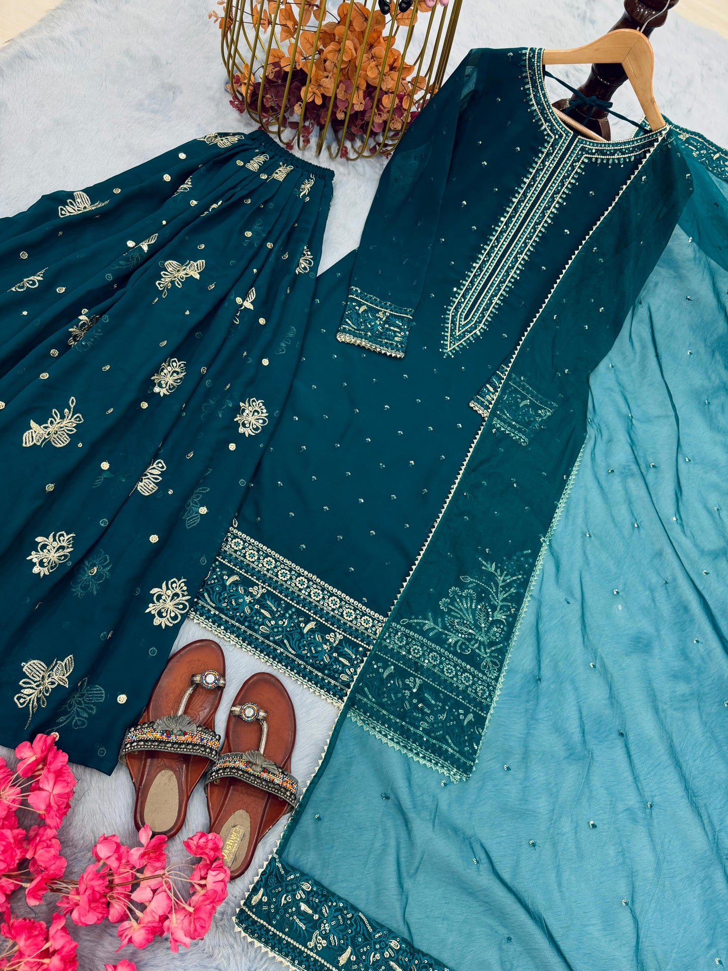 Designer Heavy Faux Georgette Top Palazzo & Dupatta Set with 3mm & 5mm Sequence Work