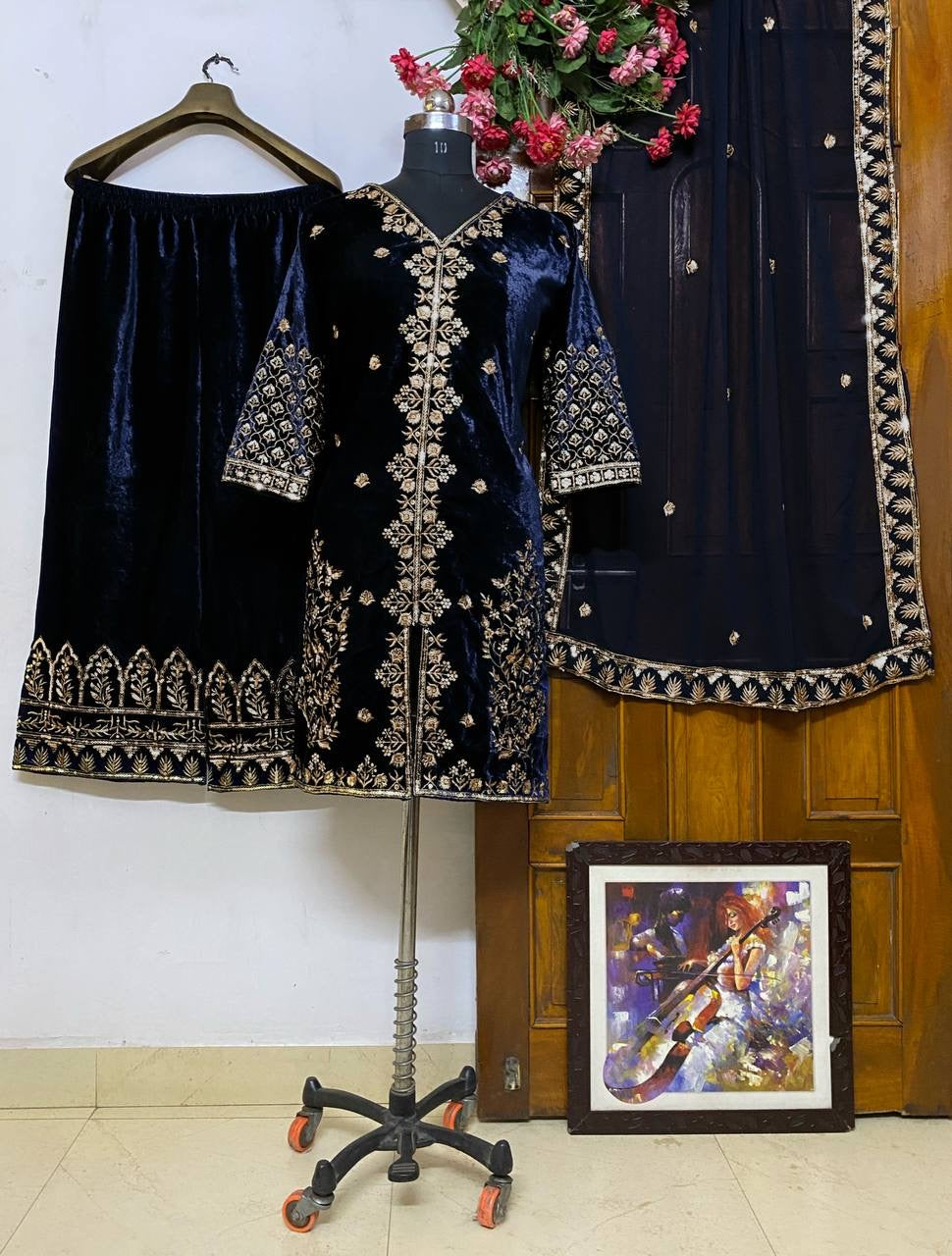 Lc 1153- nevy blue velvet suit with sequence embroidery