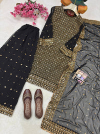 Black Royal Zari & Sequins Embroidered Kurti & Flared Palazzo Set with Elegant Dupatta