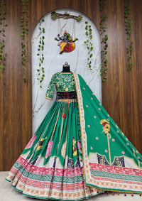 Sea Green Navratri Lehenga Choli for Women – Fusion Style, Real Mirror Work, Digital Print, 4 Meter Flair, Soft Muslin Cotton Garba & Dandiya Outfit