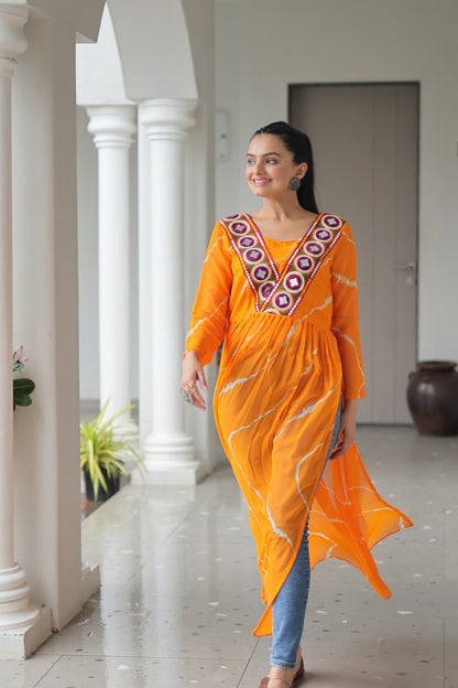 Navratri Collections 2025 Leheriya Print Kurti with Kutchi Patchwork in Faux Georgette