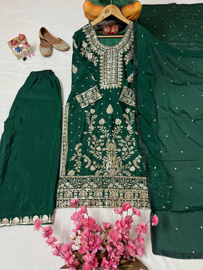 Chinon Silk Flaired Kurti-Palazzo Set with Zari & Sequin Embroidery - LC 1360