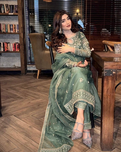 Organza Silk Kurti Palazzo Set with Zari & Sequin Embroidery - LC 1371