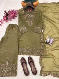 Designer Kurti-Palazzo set in premium moss tissue silk