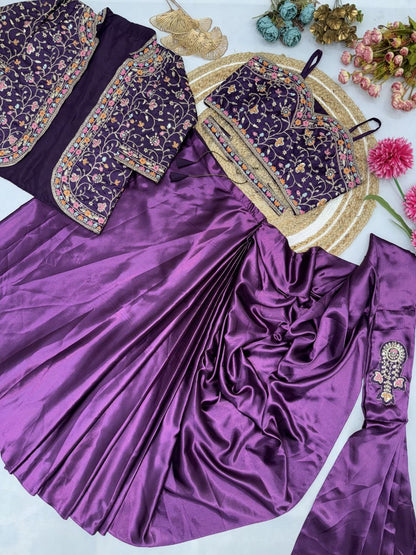 Ready To Wear Diamond Satin Silk Saree with Jacket & Embroidery Belt