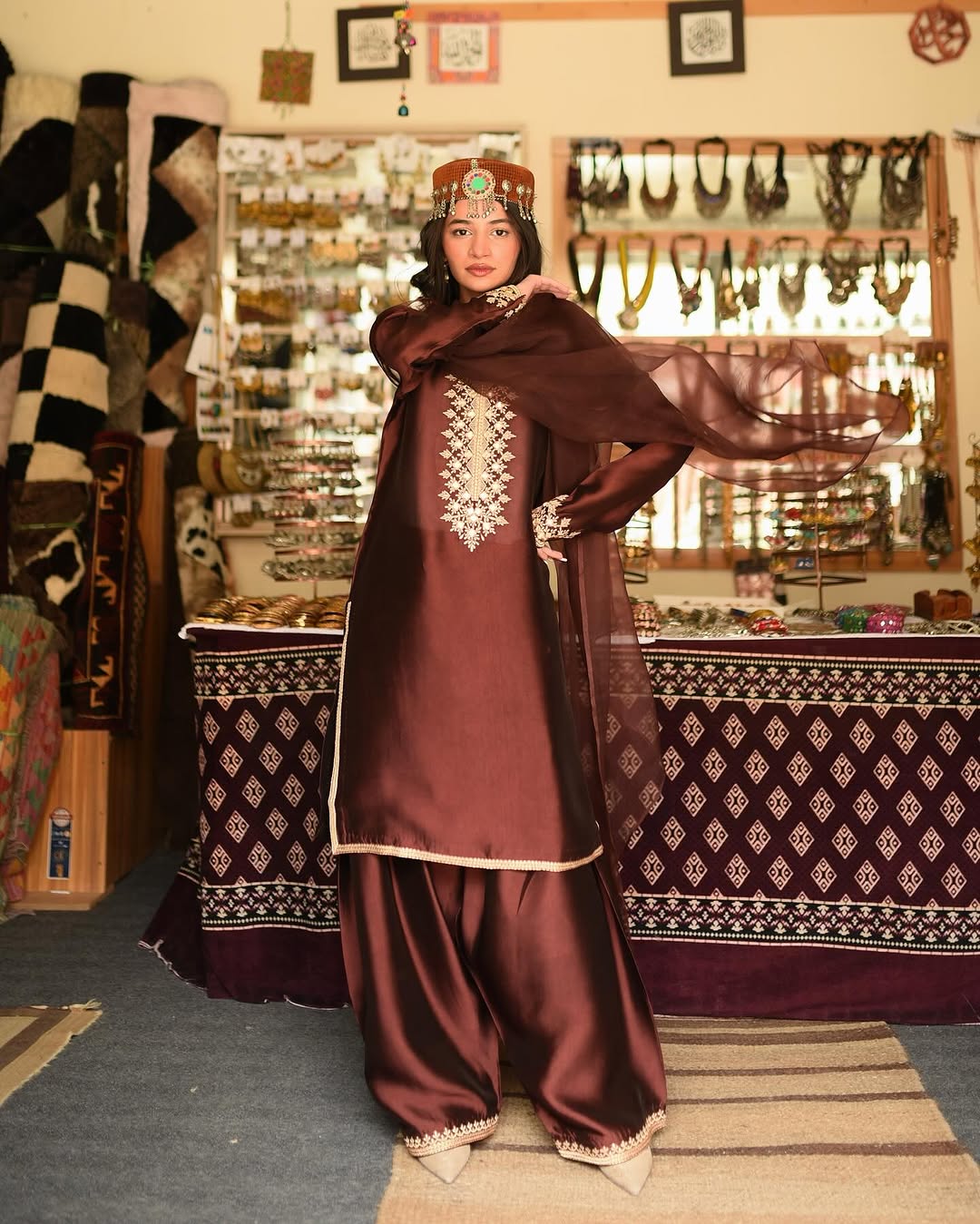 Trending New Traditional Brown Jimmi chhoo Silk Embroidered Farsi Salwar Kameez with Dupatta - LC 1388