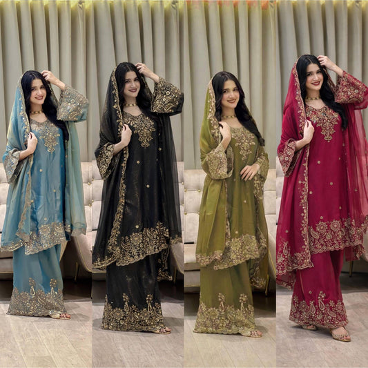 Designer Kurti-Palazzo set in premium moss tissue silk