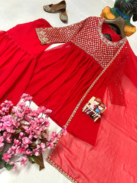Festive Red Anarkali Style Kurti(KEDIYA) & Palazzo With stylish dupatta