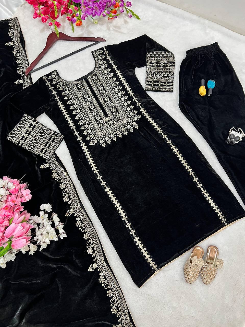 Srk 5017- black velvet suit with heavy embroidery work