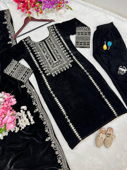 Srk 5017- black velvet suit with heavy embroidery work
