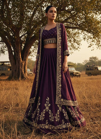 Modern Designer Semi-Bridal Wine Pink Lehenga Choli Set with Stylish Long Shrug in Premium Star Georgette Fabric for Wedding & Festive Wear