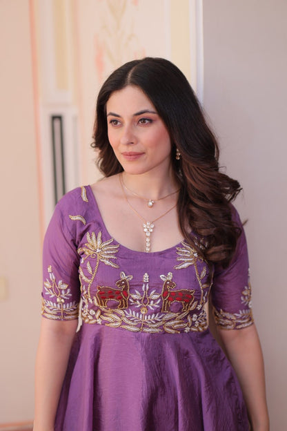 Premium Readymade Designer Gold Crush Gown with Beads Embroidery & Umbrella Flair