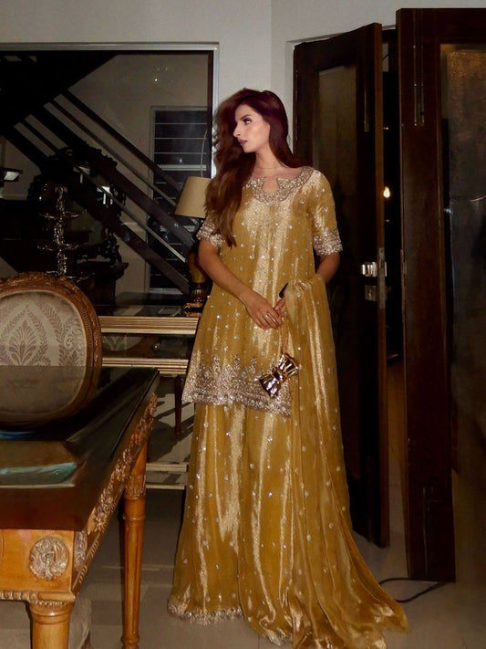 BEAUTIFUL GOLDEN COLOR GMY SILK (TISSUE)  KURTI & PALAZZO SET