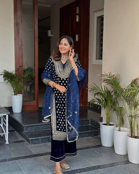 Lc 1409- Two tone blue colour velvet suit