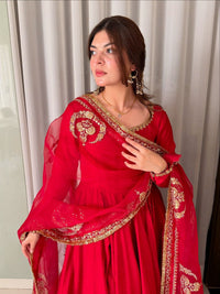 Festive Red Anarkali Gown In Chinon Silk fabric,featuring 5mm Sequin Work and Intricate Floral Embroidery