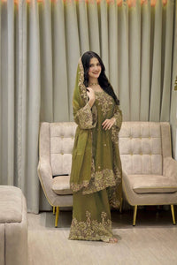 Designer Kurti-Palazzo set in premium moss tissue silk