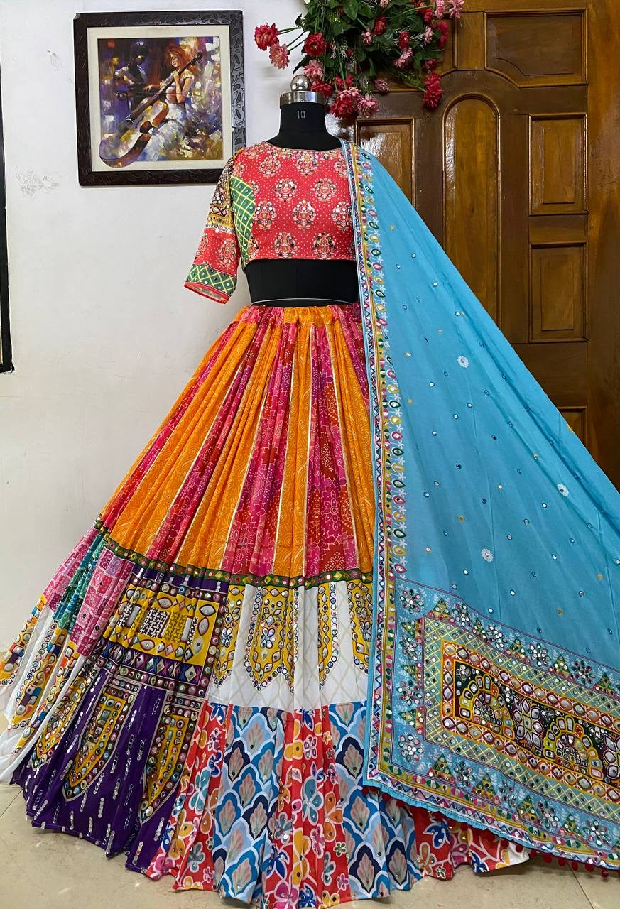 Navratri Special Premium Heavy Muslin Cotton Lehenga with Digital Print & Real Mirror Work