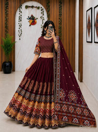 Traditional Maroon Garba Lehenga Choli with Authentic Mirror Work & Digital Print
