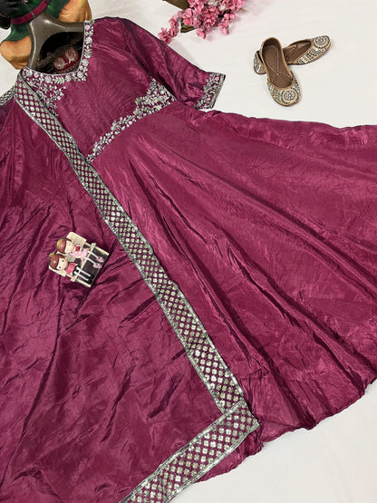 Gold Crushed Silk Gown with Thread & Sequin Embroidery - VF 206