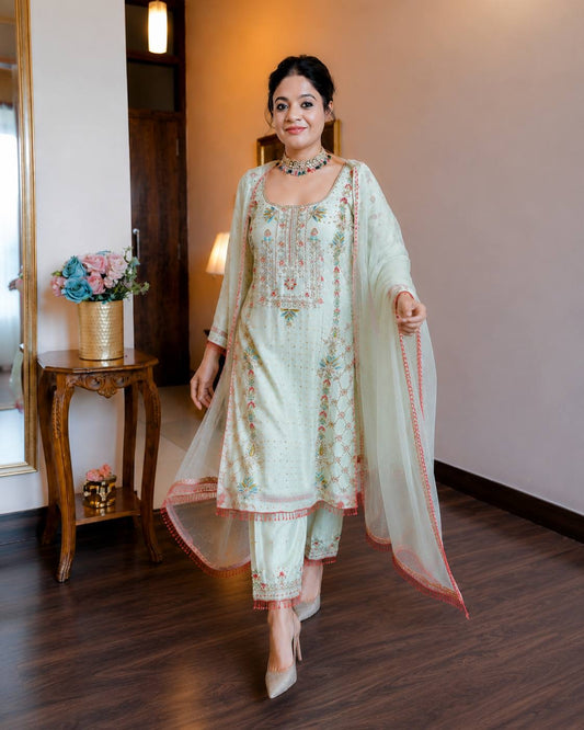 Designer Kurti-Palazzo suit set in premium chinon silk fabric