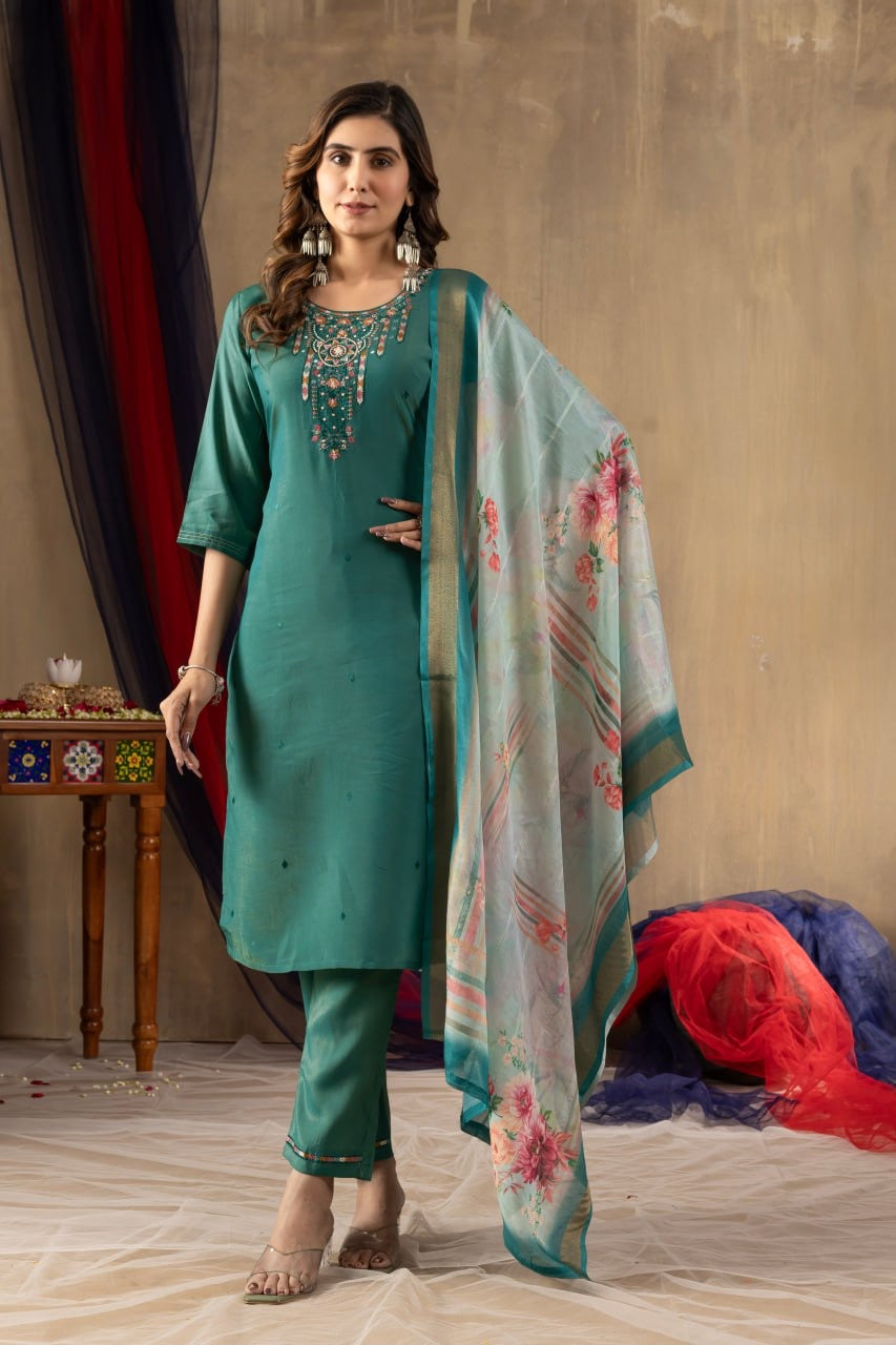 Elegant Shimmer Gold Silk Straight Kurti Pant Set with Multi Embroidery - FFdiva 109