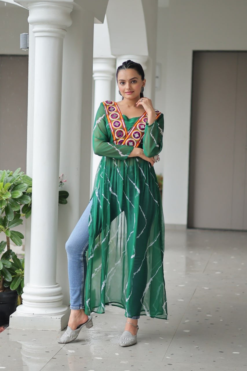Navratri Collections 2025 Leheriya Print Kurti with Kutchi Patchwork in Faux Georgette
