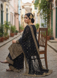Black Royal Zari & Sequins Embroidered Kurti & Flared Palazzo Set with Elegant Dupatta