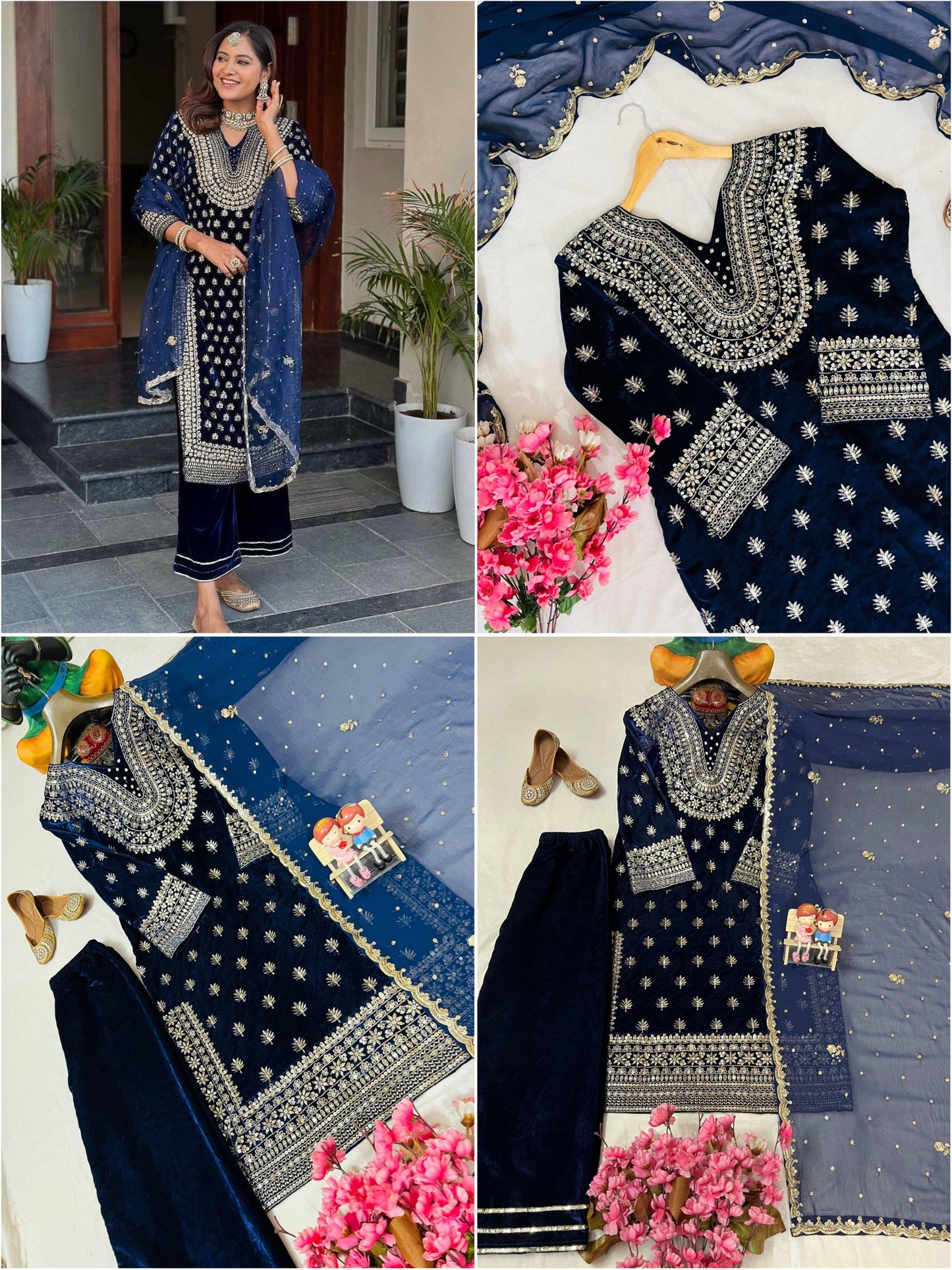 Lc 1409- Two tone blue colour velvet suit