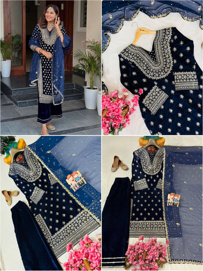 Lc 1409- Two tone blue colour velvet suit