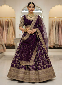 Royal Wine Banarasi Silk Semi Bridal Lehenga Choli with Wide Zari Border
