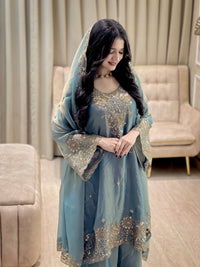Designer Kurti-Palazzo set in premium moss tissue silk