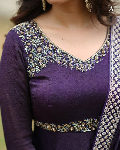 Gold Crushed Silk Gown with Thread & Sequin Embroidery - VF 206