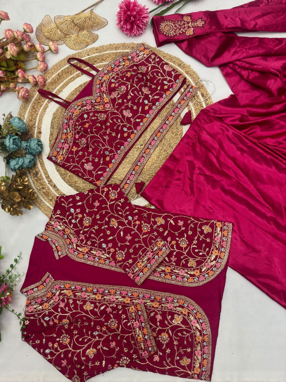Ready To Wear Diamond Satin Silk Saree with Jacket & Embroidery Belt