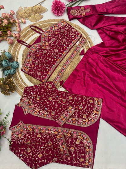 Ready To Wear Diamond Satin Silk Saree with Jacket & Embroidery Belt