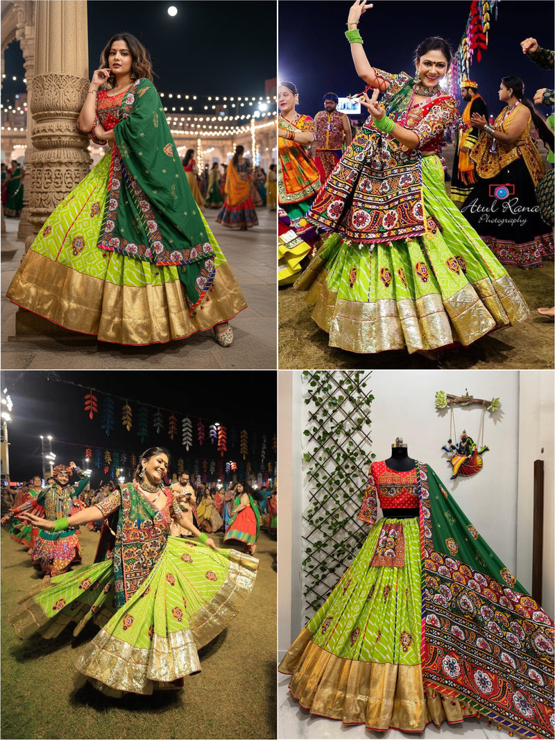 Real mirror work navratri/wedding special lehenga choli in maslin cotton fabric (4 mtr flair) with digital print all over