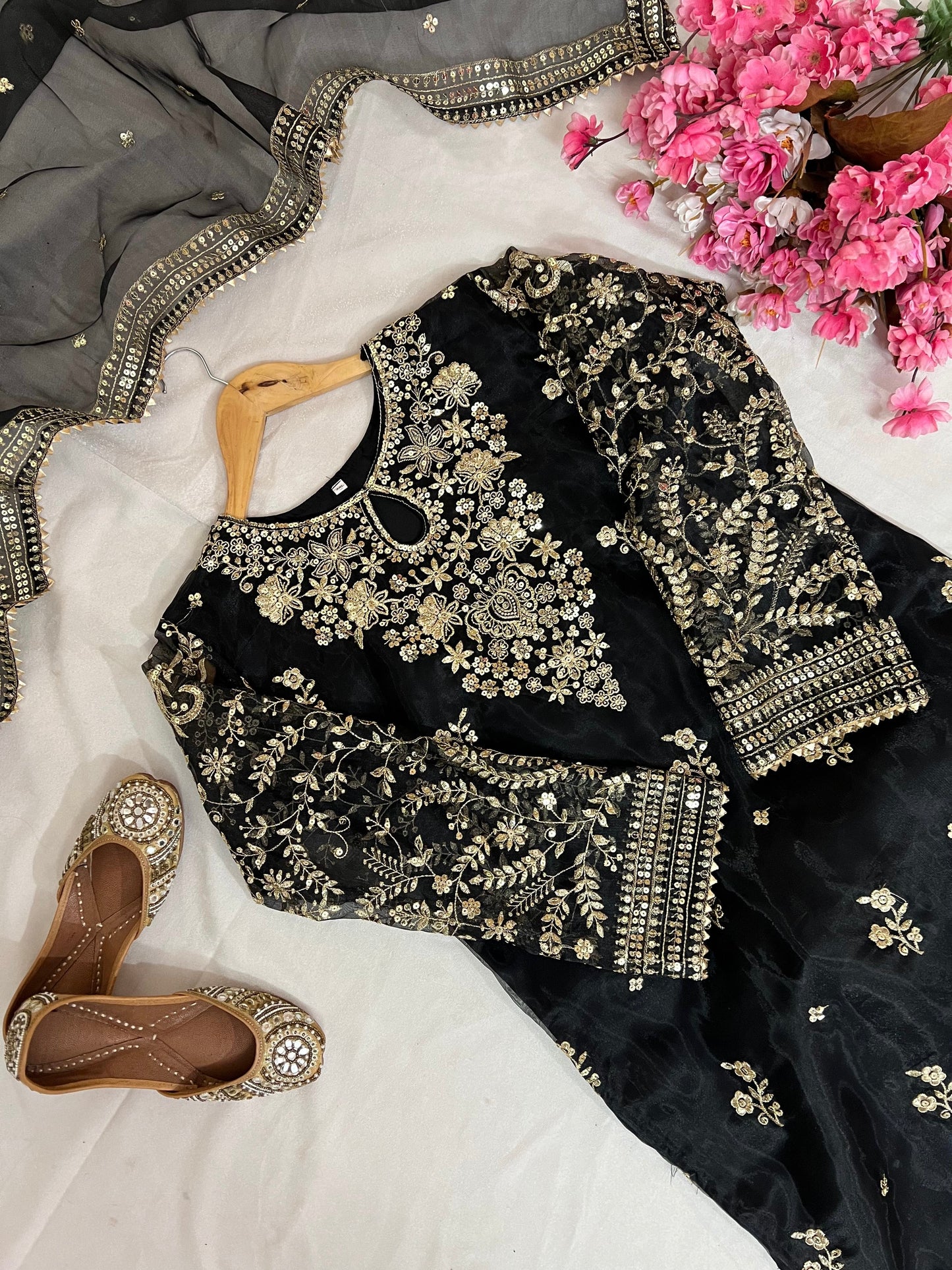 Organza Silk Kurti Palazzo Set with Zari & Sequin Embroidery - LC 1371