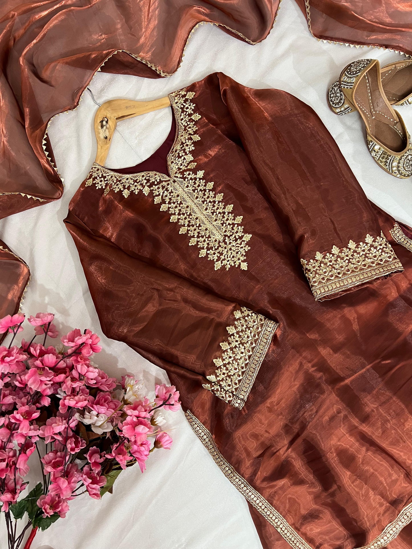 Trending New Traditional Brown Jimmi chhoo Silk Embroidered Farsi Salwar Kameez with Dupatta - LC 1388