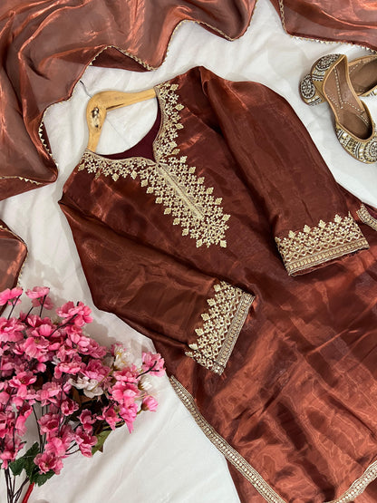 Trending New Traditional Brown Jimmi chhoo Silk Embroidered Farsi Salwar Kameez with Dupatta - LC 1388