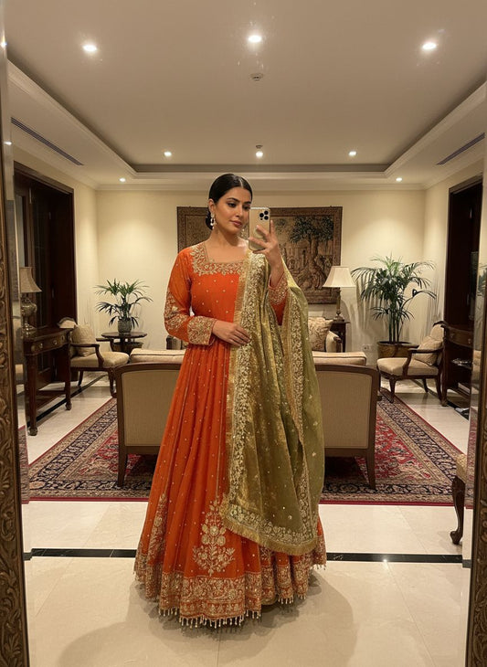 Beautiful Long Anarkali Gown in a-one quality simar-tissue silk fabric