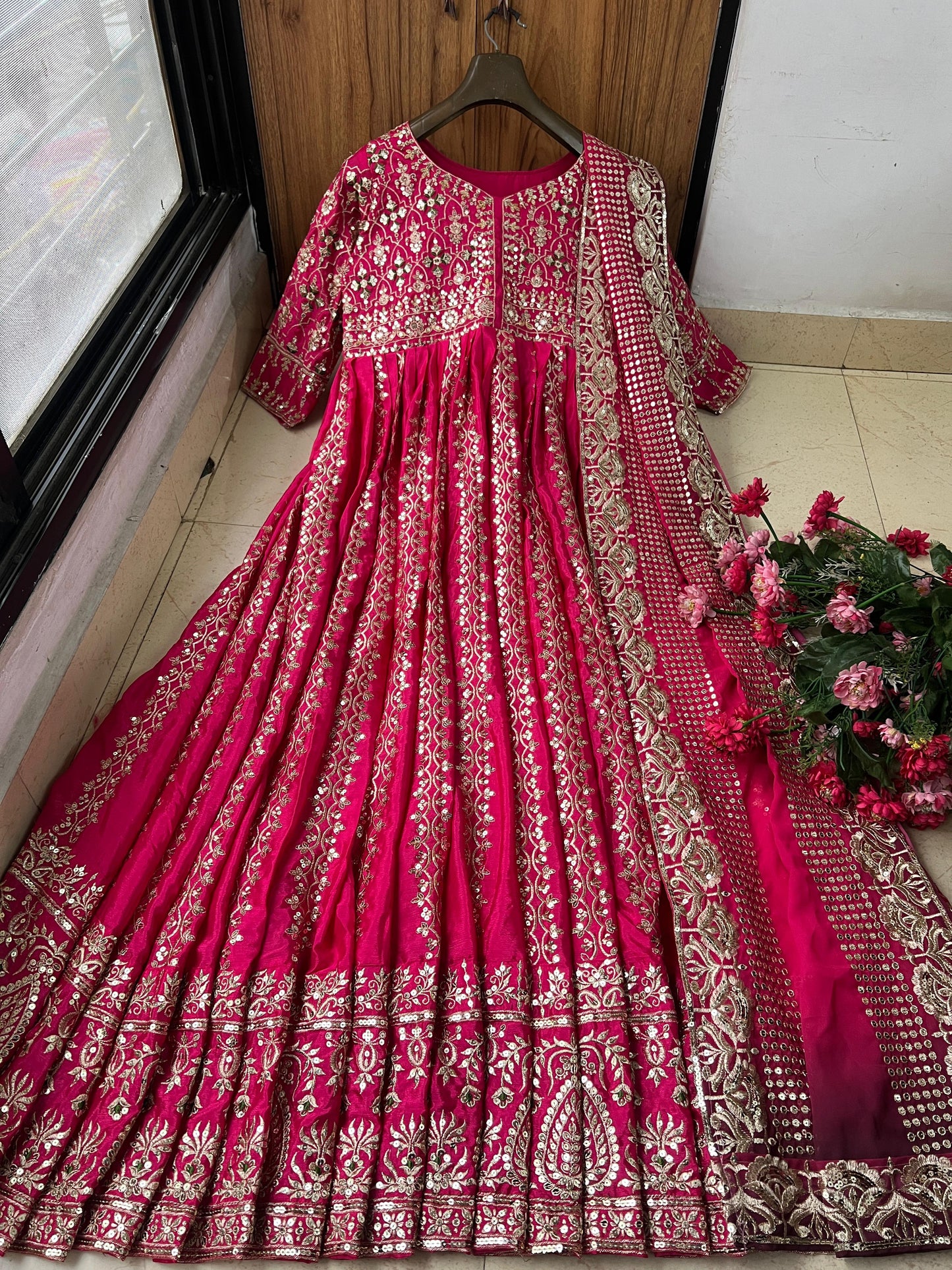 Heavy Sequins Anarkali Style Gown in Chinon Silk with zari & thread Embroidery - LC 1319
