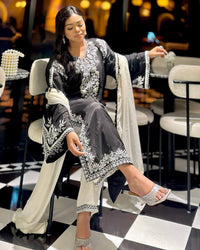 Trending black & white kurti plazzo set with elegant thread Embroidery work