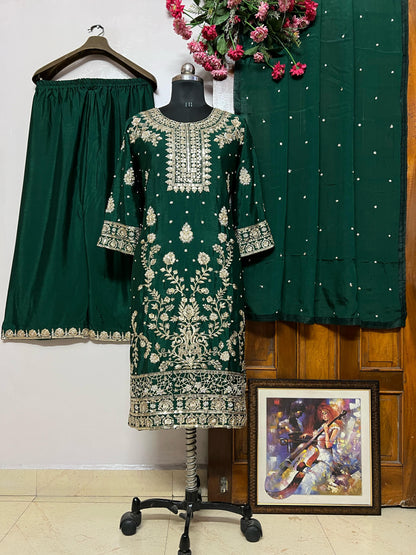 Chinon Silk Flaired Kurti-Palazzo Set with Zari & Sequin Embroidery - LC 1360