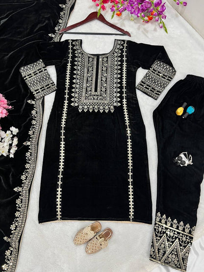 Srk 5017- black velvet suit with heavy embroidery work
