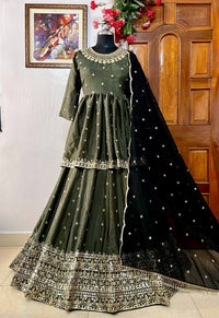 Beautiful mehendi green colored Indo-western set in premium chinon silk fabric (kediya style kurti with Lehenga choli)