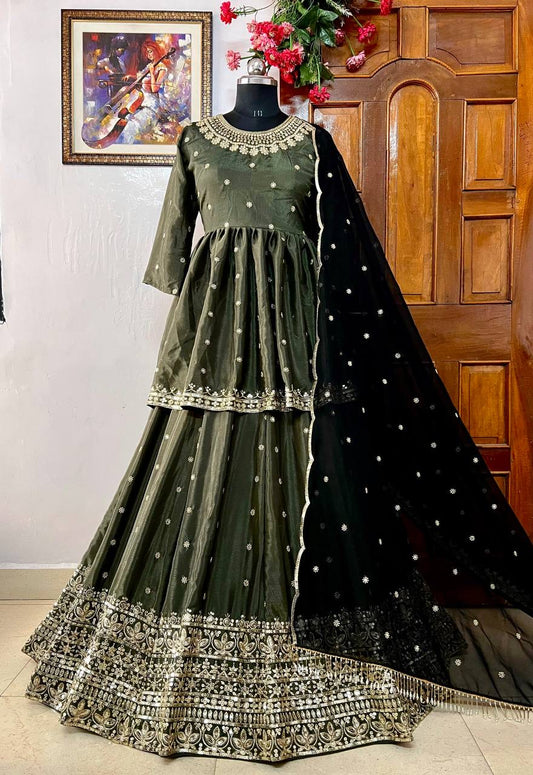 Beautiful mehendi green colored Indo-western set in premium chinon silk fabric (kediya style kurti with Lehenga choli)