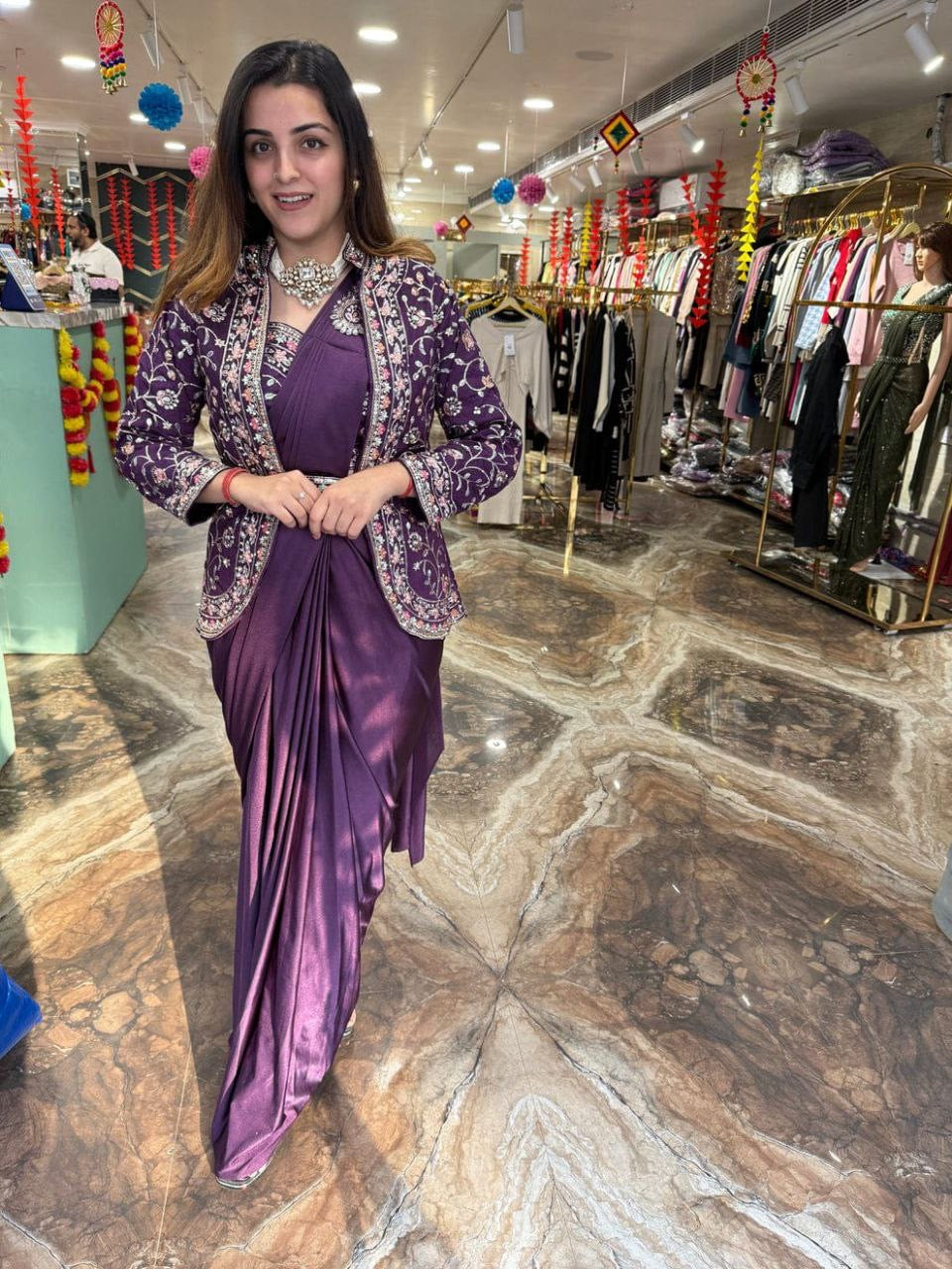 Ready To Wear Diamond Satin Silk Saree with Jacket & Embroidery Belt